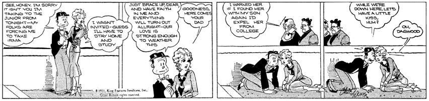 Dagwood's father bought Rasbry College so Dagwood and Blondie could attend. Now he's trying to break up the happy couple! Check out J. Bolling in his dean's robes and mortarboard -- what a hoot!