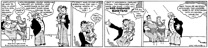 This strip, leading up to the wedding, is the launch-pad for BLONDIE as we know it. No more wealth, no more meddling relatives. Dagwood and Blondie prepare to tie the knot, and begin their lives in the work-a-day world.