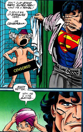 Superman: Man of Steel art from page 2. The censored bar was originally the Comics Code seal