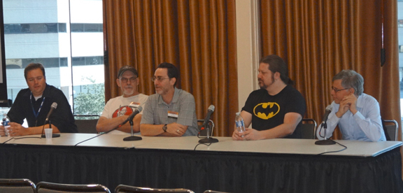 The Tribute to Joe Kubert panel with Thom Zahler, Tim Truman, moderator Robert Greenberger, Tom Raney & Paul Levitz. The Tribute to Joe Kubert panel with Thom Zahler, Tim Truman, moderator Robert Greenberger, Tom Raney & Paul Levitz.