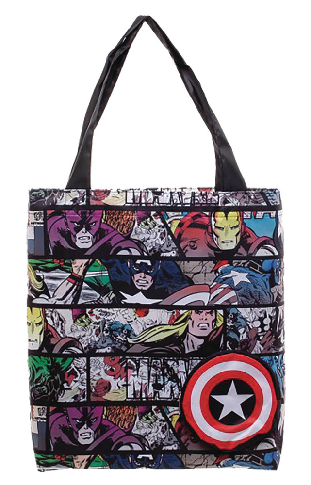 Image: Marvel Packable Tote: Comic Print & Captain Amercia Shield  - Bioworld Merchandising