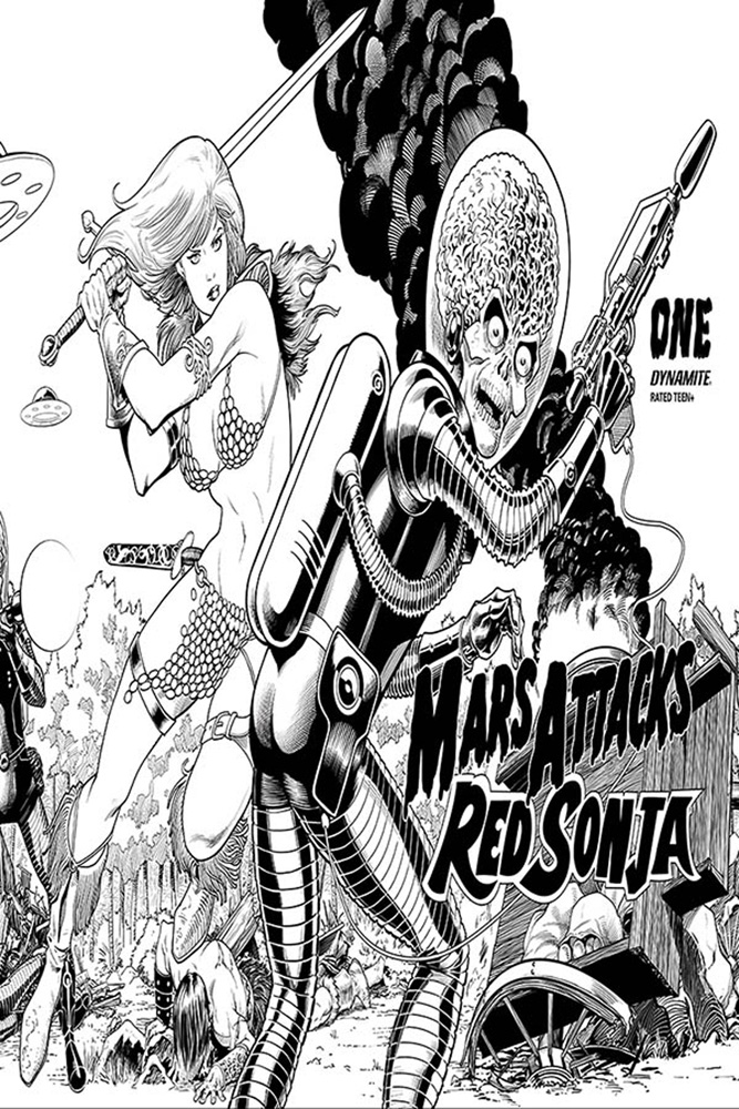 Image: Mars Attacks / Red Sonja #1 (incentive 1:25 cover - Kitson Trading Card Homage B&W)  [2020] - Dynamite